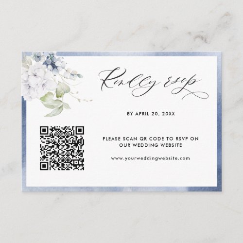 Navy Blue Watercolor Floral Wedding QR Code RSVP Enclosure Card