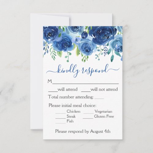 Navy Blue Watercolor Floral Wedding RSVP Card
