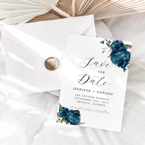 Navy Blue Watercolor Floral Wedding Save The Date