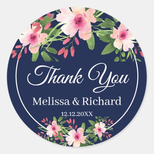 Navy Blue Watercolor Floral Wedding Thank You Classic Round Sticker