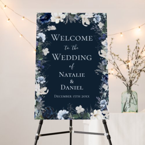 Navy Blue Watercolor Floral Wedding Welcome Foam Board