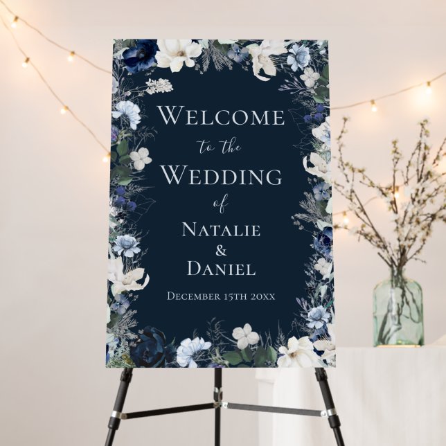 Navy Blue Watercolor Floral Wedding Welcome Foam Board (In Situ (Stand))