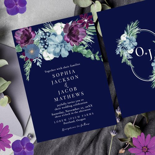 Navy Blue watercolor floral Winter elegant Wedding Invitation