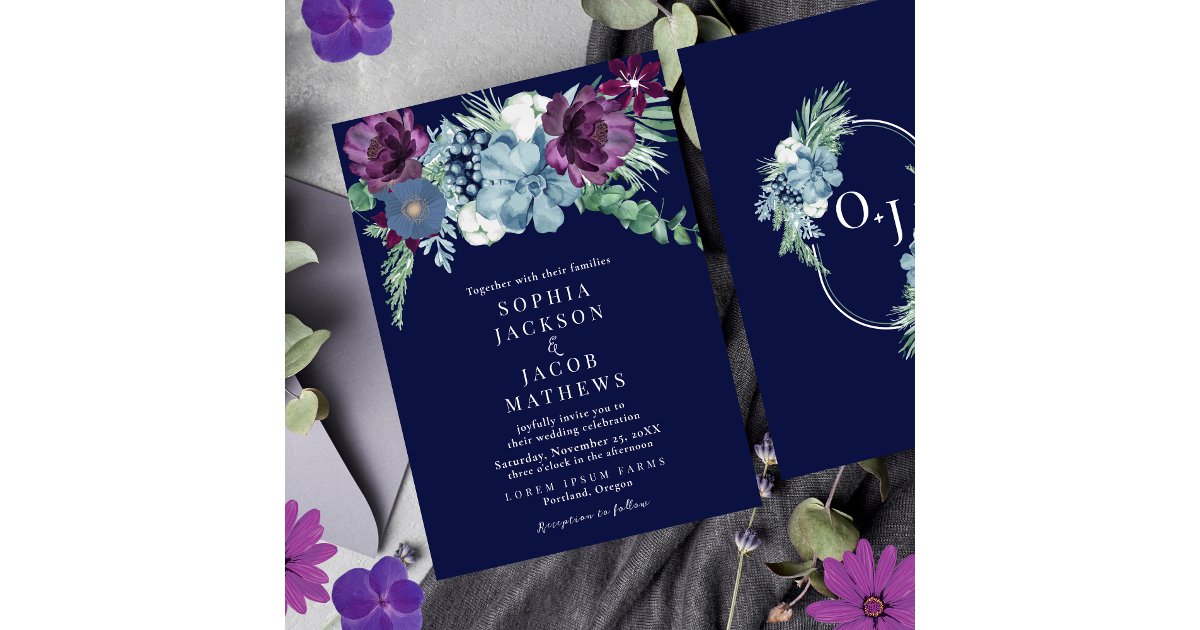 Navy Blue watercolor floral Winter elegant Wedding Invitation | Zazzle