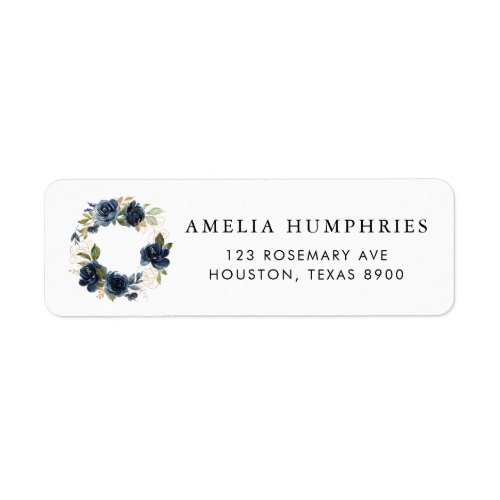 Navy Blue Watercolor Floral Wreath Gold Address Label