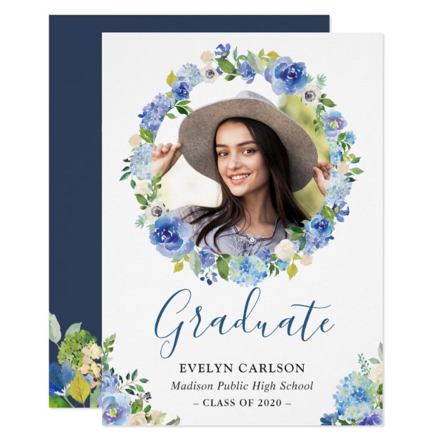 Navy Blue Watercolor Floral Wreath Graduate Photo Card