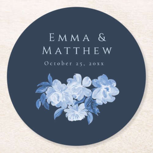 Navy Blue Watercolor Flower Peonies Painting Round Paper Coaster