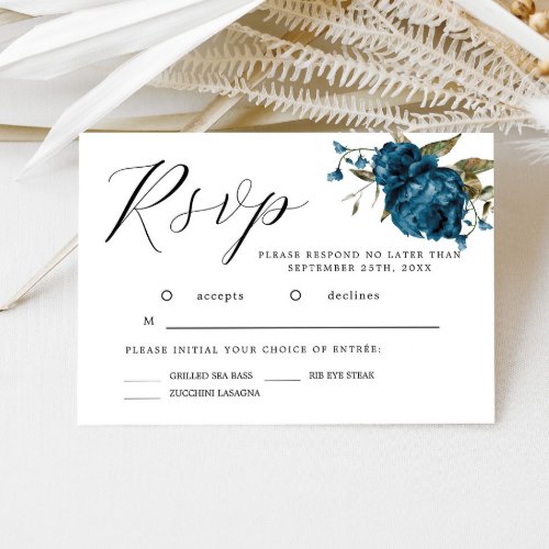 Navy Blue Watercolor Flower Wedding RSVP Card