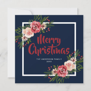 Navy Blue Watercolor Flowers Christmas Card