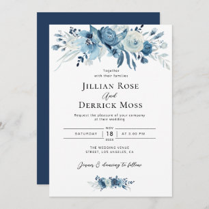 navy blue watercolor flowers wedding invitation