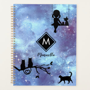 Navy Blue Watercolor Galaxy Girl Customizable Planner