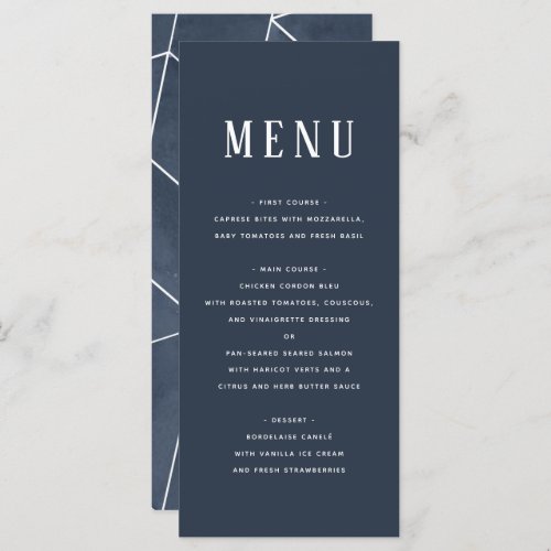 Navy Blue Watercolor Geometric Gala Menu