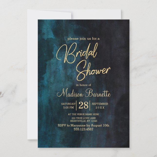 Navy Blue Watercolor Gold Bridal Shower Invitation (Front)
