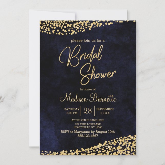 Navy Blue Watercolor Gold Bridal Shower Invitation (Front)