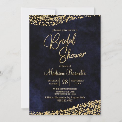 Navy Blue Watercolor Gold Bridal Shower Invitation