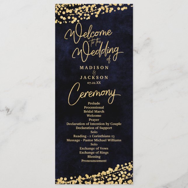 Navy Blue Watercolor Gold Confetti Wedding Program (Front)