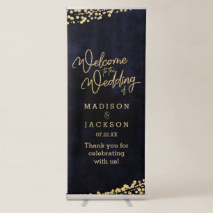 Navy Blue Watercolor Gold Confetti Wedding Welcome Retractable Banner