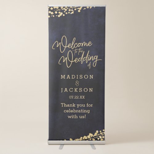 Navy Blue Watercolor Gold Confetti Wedding Welcome Retractable Banner