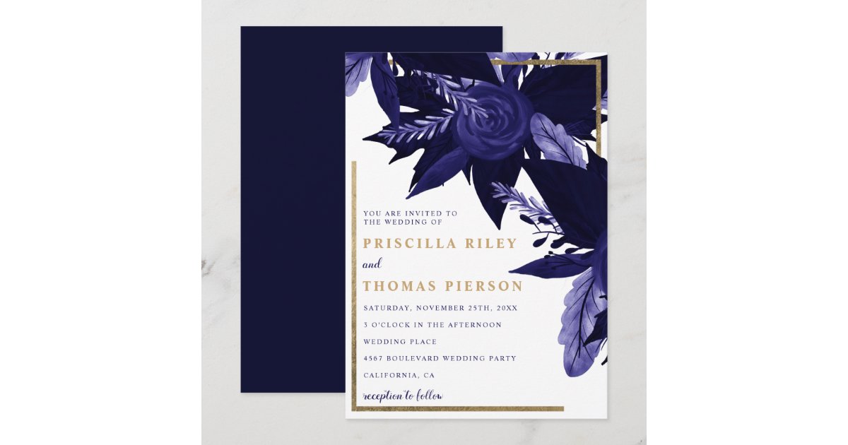 Navy blue watercolor gold fall floral wedding invitation | Zazzle
