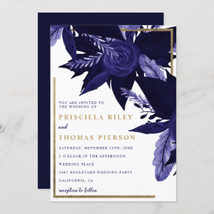 Navy blue watercolor gold fall floral wedding invitation