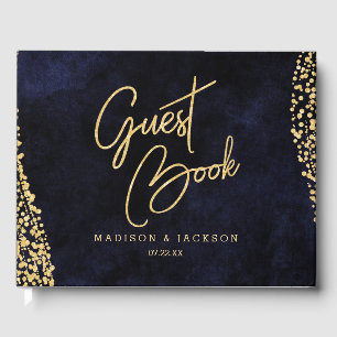 Navy Blue Watercolor & Gold Glam Wedding Monogram Guest Book