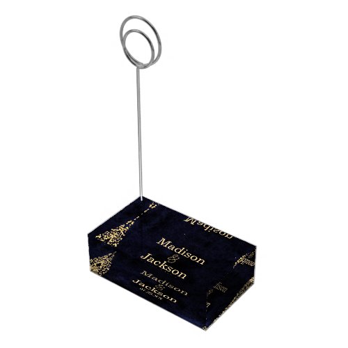 Navy Blue Watercolor  Gold Glam Wedding Monogram Place Card Holder