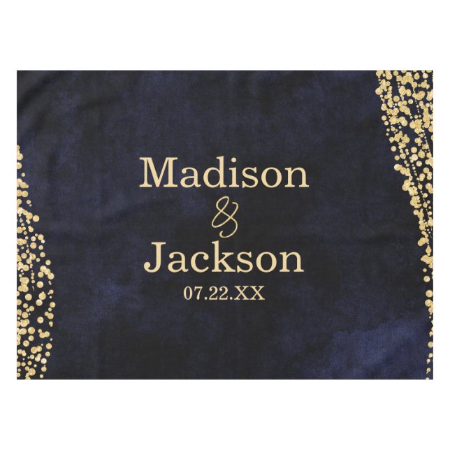 Navy Blue Watercolor & Gold Glam Wedding Monogram Tablecloth (Front (Horizontal))