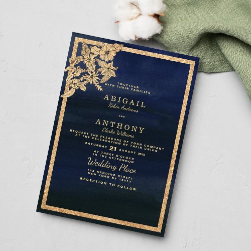 Navy blue watercolor gold glitter floral Wedding Invitation