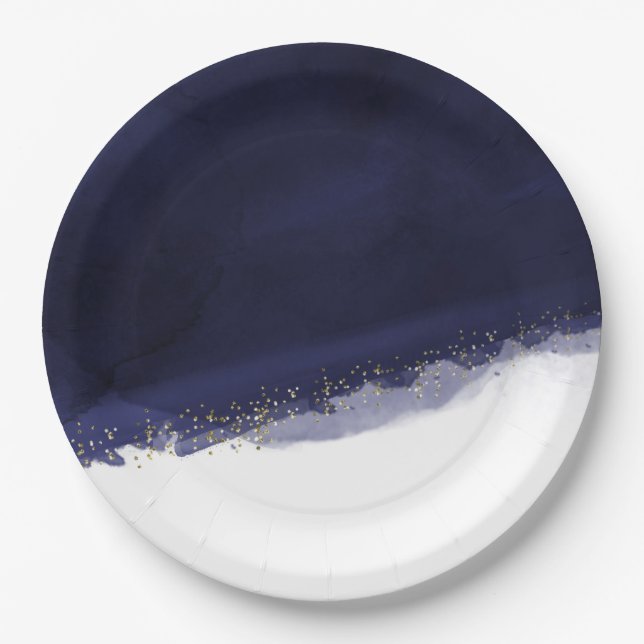 Navy Blue Watercolor & Gold Modern Chic Elegant Paper Plates (Front)