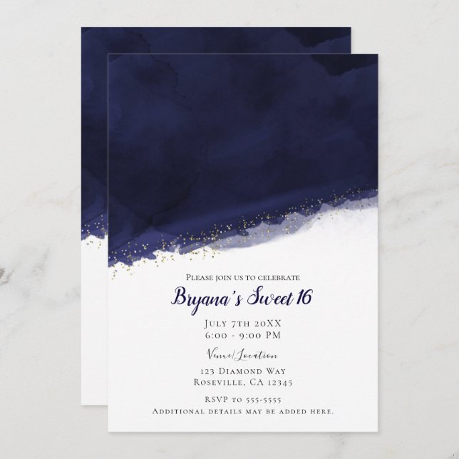 Navy Blue Watercolor & Gold Modern Chic Sweet 16 Invitation (Front/Back)