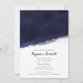 Navy Blue Watercolor & Gold Modern Chic Sweet 16 Invitation (Front)
