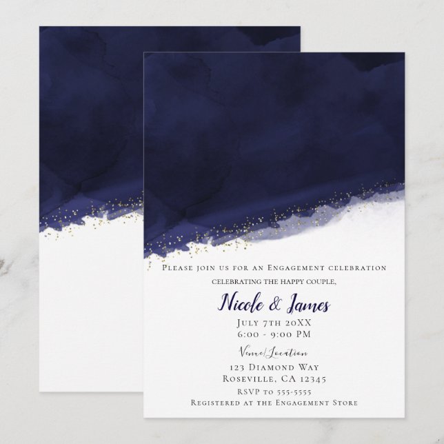 Navy Blue Watercolor & Gold Modern Chic Wedding Invitation (Front/Back)