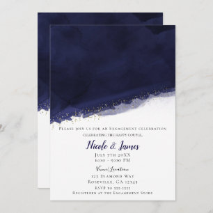 Navy Blue Watercolor & Gold Modern Chic Wedding Invitation