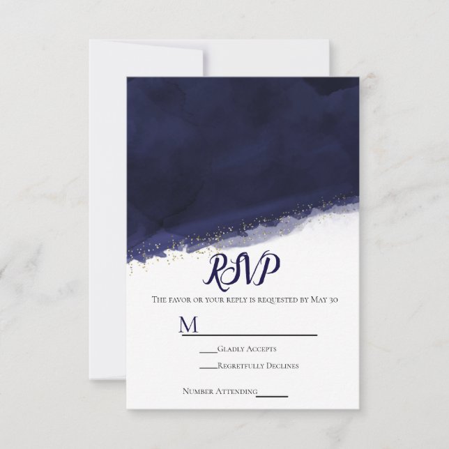 Navy Blue Watercolor Gold Modern Chic Wedding RSVP Card (Front)