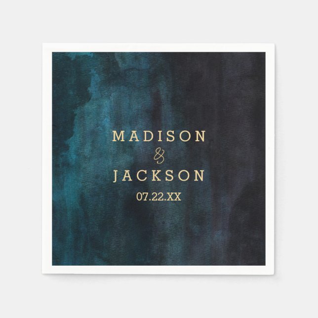 Navy Blue Watercolor & Gold Monogram Wedding Paper Napkins (Front)