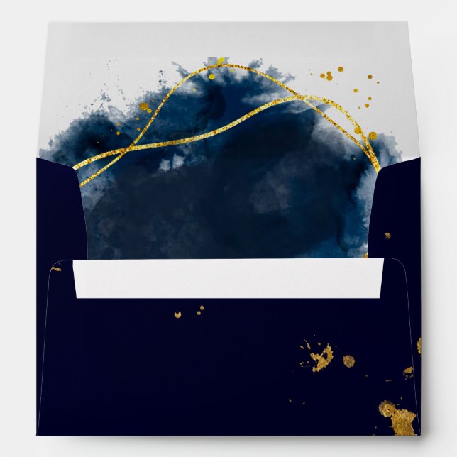Navy Blue  Watercolor Gold Personalized Wedding  Envelope (Back (Bottom))