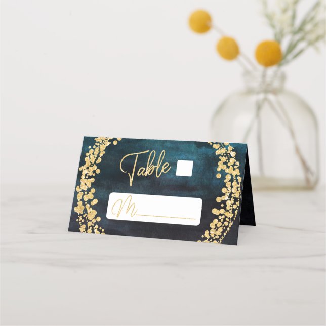 Navy Blue Watercolor & Gold Seating Table Number Place Card (Front)