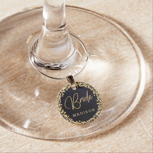 Navy Blue Watercolor  Gold Wedding Bride Monogram Wine Glass Charm