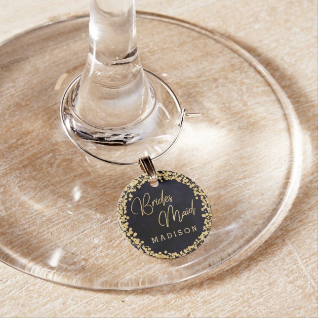 Navy Blue Watercolor & Gold Wedding Bridesmaid Wine Charm (In Situ)