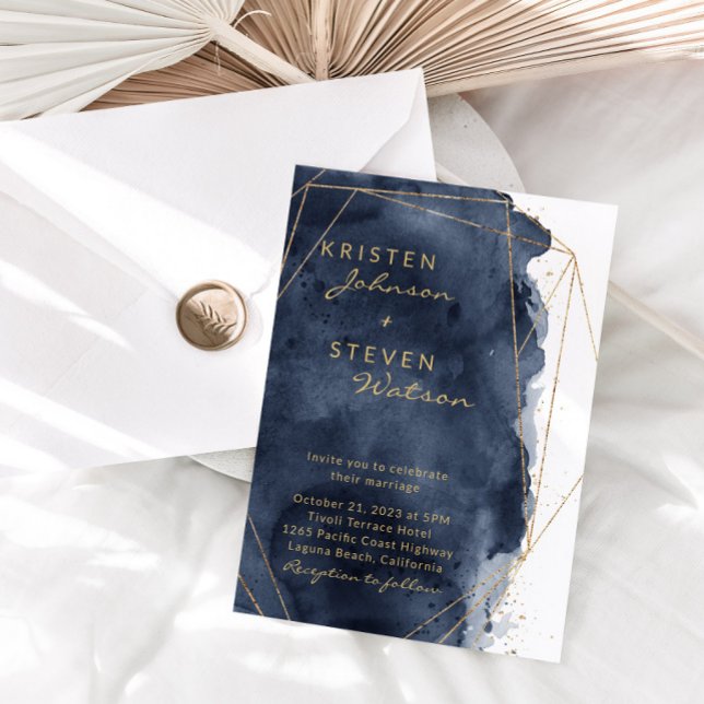 Navy Blue Watercolor & Gold Wedding Invitation (Creator Uploaded)