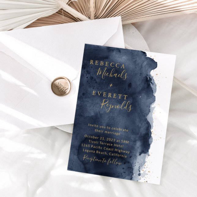 Navy Blue Watercolor & Gold Wedding  Invitation (Creator Uploaded)