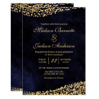 Navy Blue Watercolor & Gold Wedding Invitation