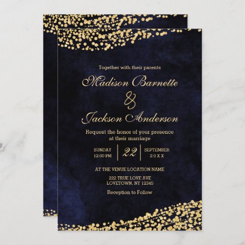 Navy Blue Watercolor  Gold Wedding Invitation