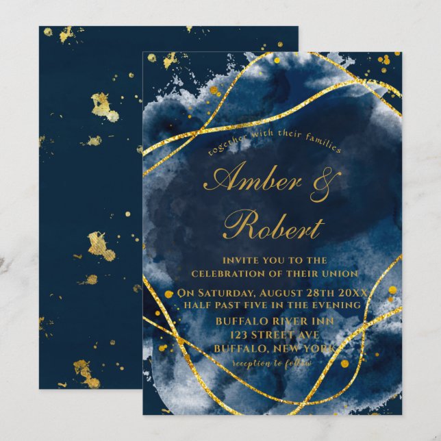 Navy Blue Watercolor Gold Wedding Invitations (Front/Back)