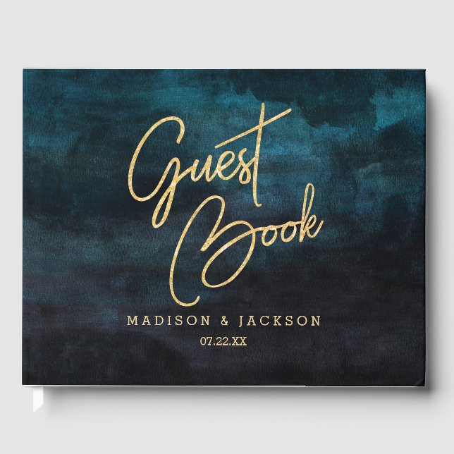 Navy Blue Watercolor & Gold Wedding Monogram Guest Book (Front)