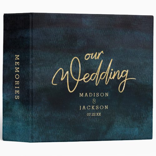 Navy Blue Watercolor  Gold Wedding Photo Album Binder