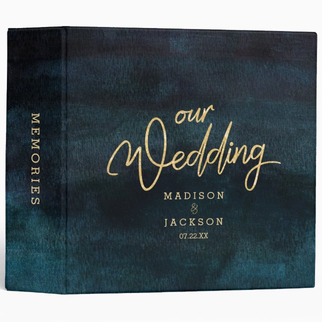 Navy Blue Watercolor & Gold Wedding Photo Album Binder (Front/Spine)