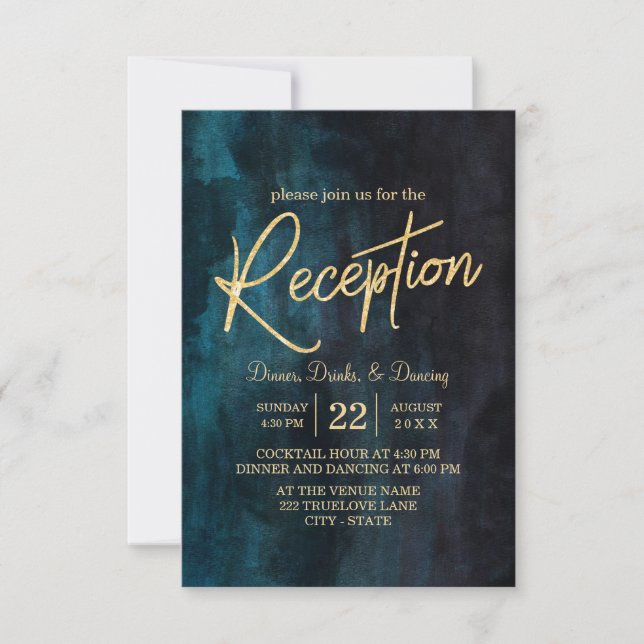 Navy Blue Watercolor & Gold Wedding Reception Invitation (Front)