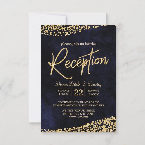 Navy Blue Watercolor  Gold Wedding Reception Invitation