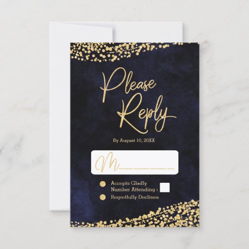 Navy Blue Watercolor  Gold Wedding Reply RSVP